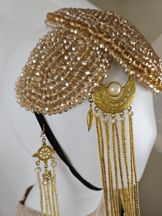 Hand Maid Gold Beaded Headpiece with Dangle Tassels